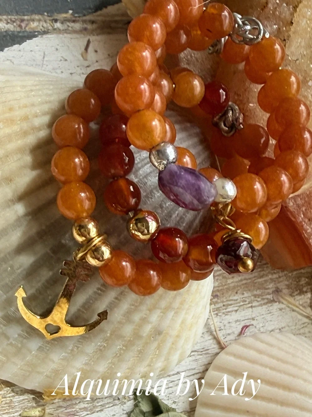 Orange carnelian Beaded Ring with Gold Accents and Dark garnet Charm